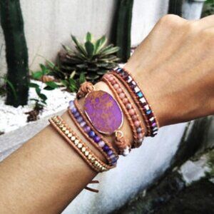 NWOT Violet Gemstone Leather Wrap Bracelet